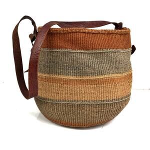 Handmade African Sisal Market Basket Tote Woven Straw Bag w/ Leather Strap